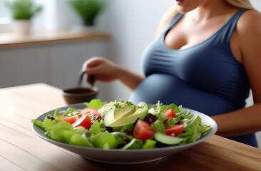Obraz na płótnie Canvas Pregnant woman and organic salad. Pregnancy motherhood expectation healthy eating and weight control concept. Beautiful pregnant woman eating healthy