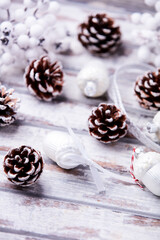 Christmas decoration on rustic wooden background. Soft focus. Copy space.	
