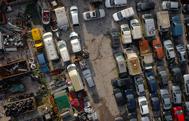 Car compound for scrap metal recycling viewed from above