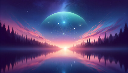 Celestial Reflections: Tranquil lake mirrors star-filled sky for inner peace and guidance.