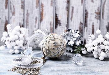 Christmas decoration on rustic wooden background. Soft focus. Copy space	