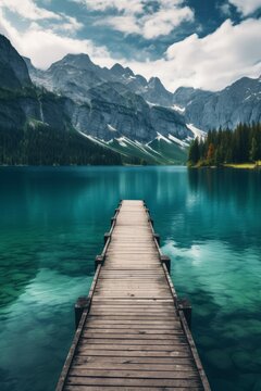 Wooden pier on a lake among the mountains and against the background of a forest, reflection of the surrounding landscape in the water. 
The concept of vacation, travel, tourism, vertical

