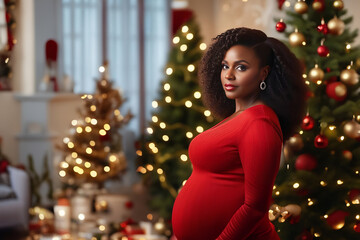 Beautiful african american pregnant mother in red dress posing at decorated studio for Christmas holiday, embracing her stomach, looking at camera. Mom near Christmas tree. Winter holiday concept