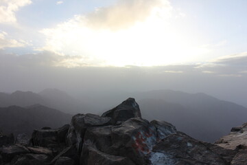 Panorama from trail to Toubkal, ridges and highest peaks of High Atlas mountain in Toubkal national park, Morocco 
