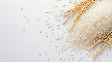 ears and grains of rice on a white background