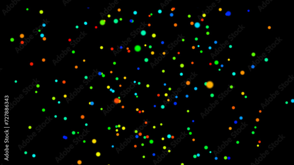 Wall mural multi-colored particles fly randomly in endless outer space. 3d. 4k. isolated black background.