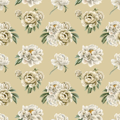 Floral watercolor seamless pattern with white and beige peony flowers, buds and green leaves on beige background.