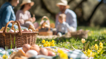 A family gathering for an Easter Monday picnic, with a blanket spread out and baskets filled with food and Easter treats, dynamic and dramatic compositions, with copy space