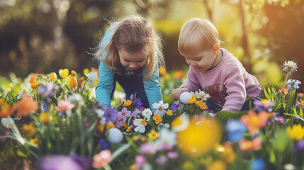 Children on an Easter egg hunt in a blooming garden, with colorful eggs hidden among flowers and plants, Easter Monday concept, dynamic and dramatic compositions, with copy space