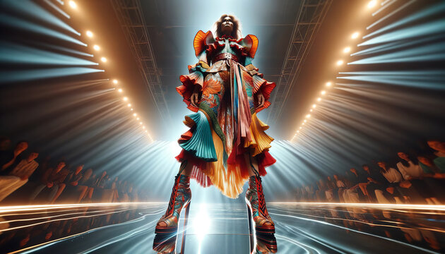 She stands on a majestic mannequin on the catwalk in an extravagant, colorful fashion dress, bathed in dramatic stage lights, in silhouette with the audience. Fashion concept. AI generated.