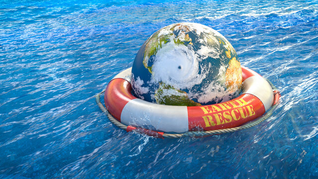 Erde mit Wolken und Hurrikan in einem roten Rettungsring treibt in welligem Meer - Earth Rescue