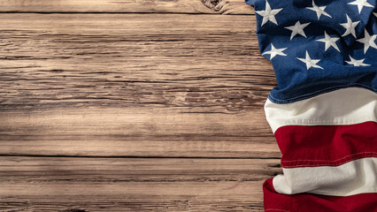 American Flag Draped Over a Rustic Wooden Surface Symbolizing Patriotism and Heritage