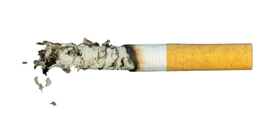 half cigarette smoke with ash isolated