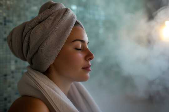 Young woman in herbal steam room filled with herbal aromas. Purifying and rejuvenating spa experience