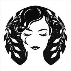 Elegant lines black logo with female face icon in black and white