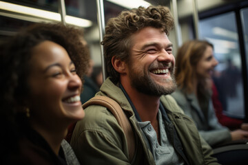 A commuter shares a smile with a fellow passenger on a crowded train, creating a brief yet genuine connection amidst the hustle and bustle of daily life.  Generative Ai.