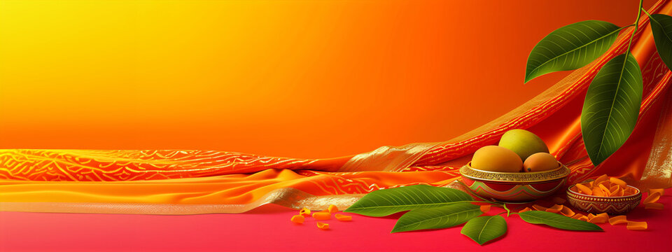 Banner with colorful cloth, mango and mango leaves on orange background. Gudi Padwa. Ugadi festival in India. Marathi new year concept.