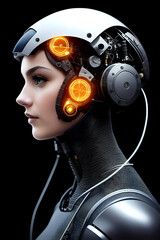 3D illustration of science fiction female humanoid cyborg lost in futuristic neon lit cyberpunk city