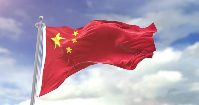 Realistic China Flag Waving In The Wind. Slow Motion China Flag And Cloudy Sky Background. Seamless Loop Animation.