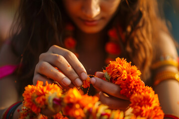 Inadian woman doing garland with orange flowers. Indian holiday concept. - obrazy, fototapety, plakaty
