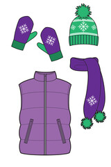 Set of winter clothes. Down waistcoat, hat, scarf and gloves.