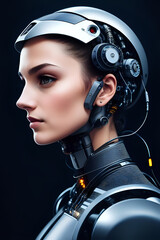 3D illustration of science fiction female humanoid cyborg lost in futuristic neon lit cyberpunk city