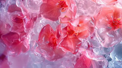 Pink and red frozen flowers encapsulated in ice. The delicate blooms.