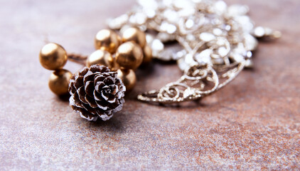 Christmas decoration on rustic stone background. Soft focus. Copy space.	