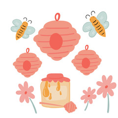 Big set with bee hive flowers jars flat design