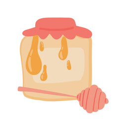 Honey jar with drops and honey stick flat design