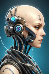 3D illustration of science fiction female humanoid cyborg lost in futuristic neon lit cyberpunk city
