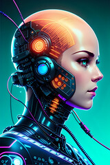 3D illustration of science fiction female humanoid cyborg lost in futuristic neon lit cyberpunk city