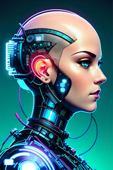 3D illustration of science fiction female humanoid cyborg lost in futuristic neon lit cyberpunk city