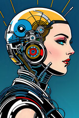 3D illustration of science fiction female humanoid cyborg lost in futuristic neon lit cyberpunk city