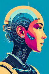 3D illustration of science fiction female humanoid cyborg lost in futuristic neon lit cyberpunk city