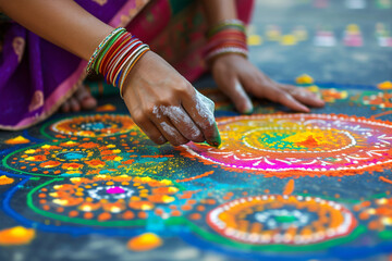Close up of Indian woman hands drawing alpana rangoli. Gudi Padwa. Ugadi festival in India. Marathi new year concept.