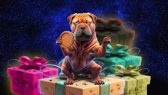 funny dog ​​dancing on a gift