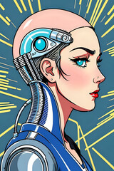 3D illustration of science fiction female humanoid cyborg lost in futuristic neon lit cyberpunk city