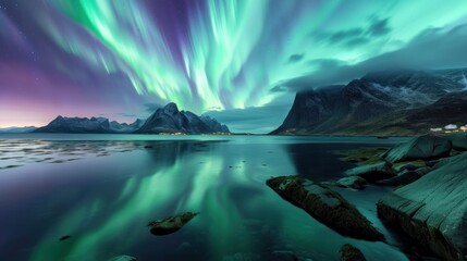 Aurora borealis graces the night sky, casting an enchanting glow over a rocky seashore.