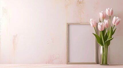 An empty photo frame adorned with pink tulips, offering a picturesque setting with ample copy space for text.