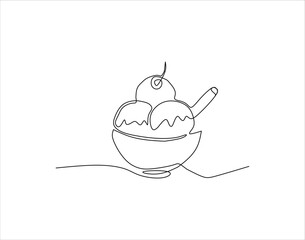 Simple Outline Of Ice Cream in Waffle Cone. Ice Cream In One Countinuous Line Art. Ice Cream Cone Line Art.