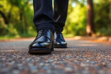 A detailed view of a businessman's shoe stepping forward, on a pathway symbolizing leadership, progress, and the journey towards success.