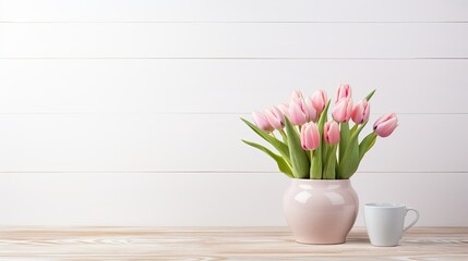 The elegance of pink tulips complementing an empty photo frame, providing an enchanting backdrop for text or designs.