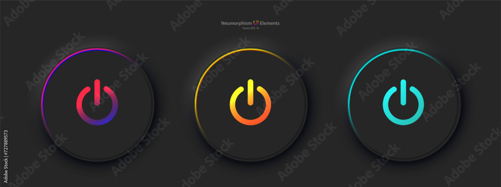 Poster a set of three round buttons with the power symbol in black. user interface elements for mobile devi