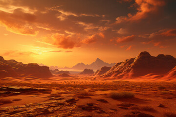 A golden desert landscape at sunset, providing a warm and atmospheric background for text...