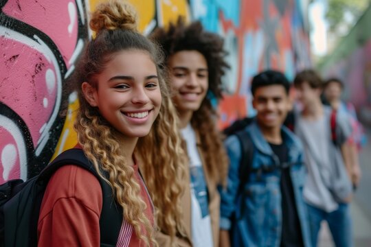 A group of teenagers from different cultural backgrounds hanging out in an urban setting, embodying youth culture and diversity.