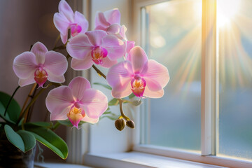 Orchids by the Windowsill. Orchid Flowers Gently Illuminated by Natural Light, Enhanced with the Warm Atmosphere of the Window side.