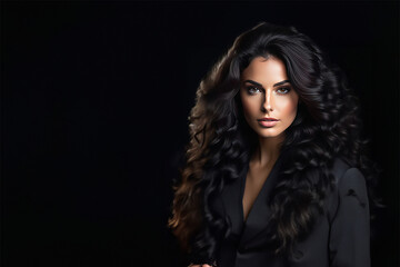 Naklejka premium Black hair woman. Beautiful brunette hairstyle fashion portrait with beauty long black hair over black background. fashion interior photo of gorgeous woman with long dark hair