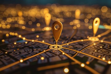 A luxury city view with gold color map pins on high-end shops and exclusive venues, interconnected...