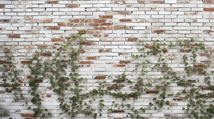 A wall made of bricks painted white with Common ivy plant on it,plant copy space for text , Old and weathered grungy brick wall painted in white with common ivy, AI generated